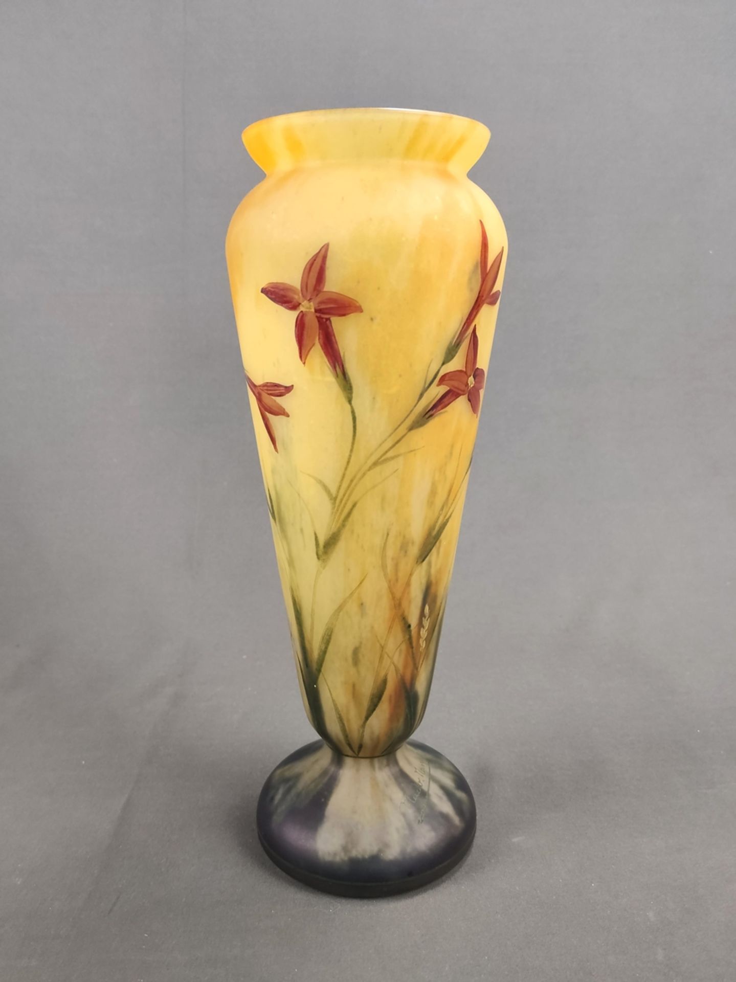 Vase Verrerie Belle Étoile, Croismare, c. 1930, colourless glass with orange-yellow powder fusion, 