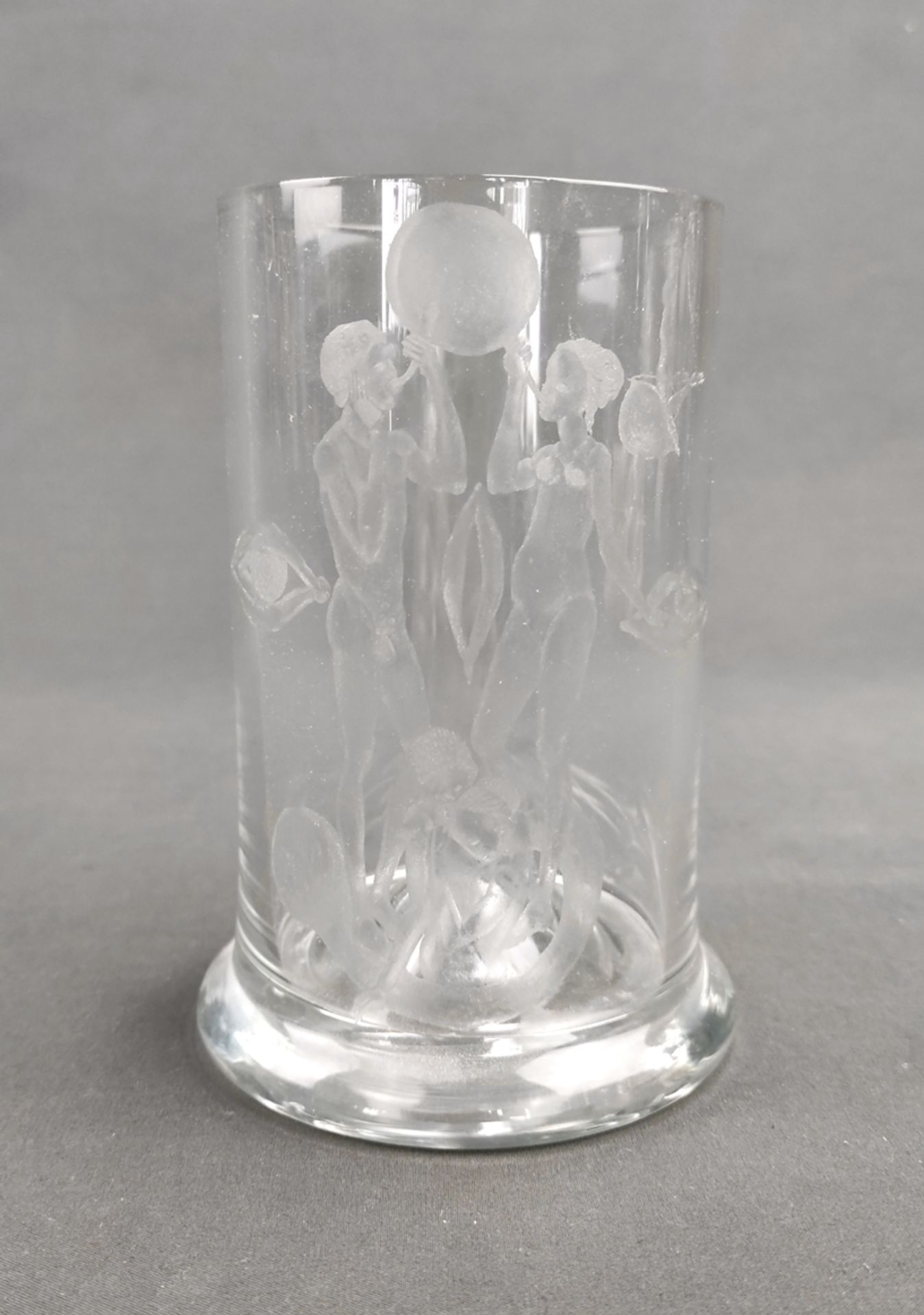 Künstler Glas, farbloses Becherglas mit Schliffdekor, Höhe 14cm