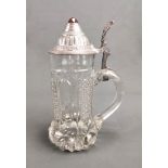 Glass jug with pewter mount, ornamental cut, stepped decorated pewter lid with cut gemstone, lid en