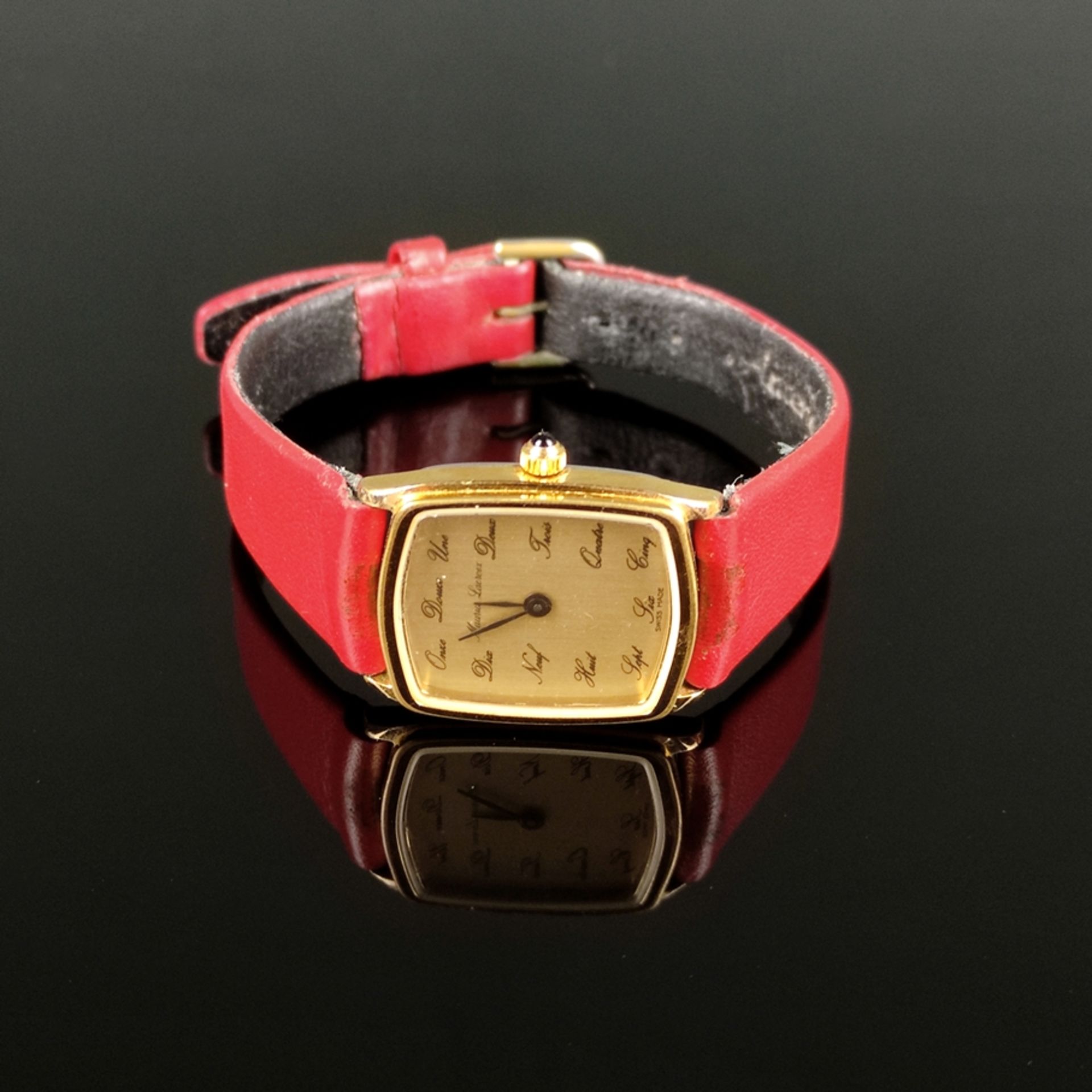 Ausgefallene Armbanduhr Maurice Lacroix, Schweiz, vergoldetes Ziffernblatt mit französischen ausges