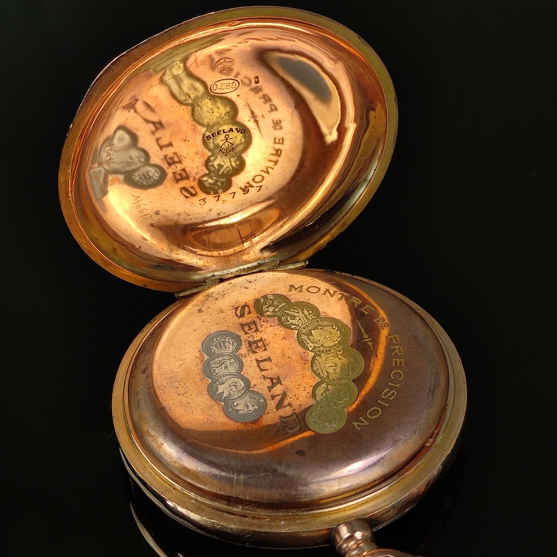 Savonette, Sprungdeckeluhr, Taschenuhr, Seeland, 585/14K Gelbgold, Zwischendeckel Metall, Gesamtgew - Bild 5 aus 5