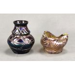 Two small vases, one with colourless glass and violet and yellow colour enamels, iridescent surface