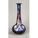 Vase with floral motifs, opaque violet glass, violet-blue iridescence, free-blown, painted in gold 