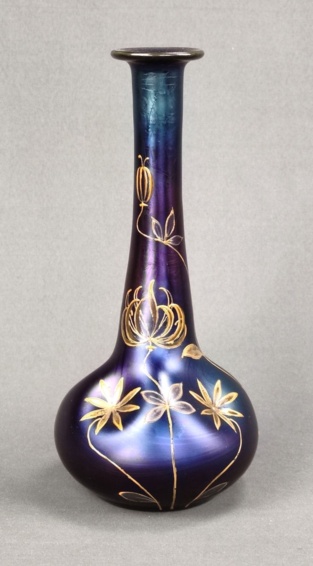 Vase with floral motifs, opaque violet glass, violet-blue iridescence, free-blown, painted in gold 