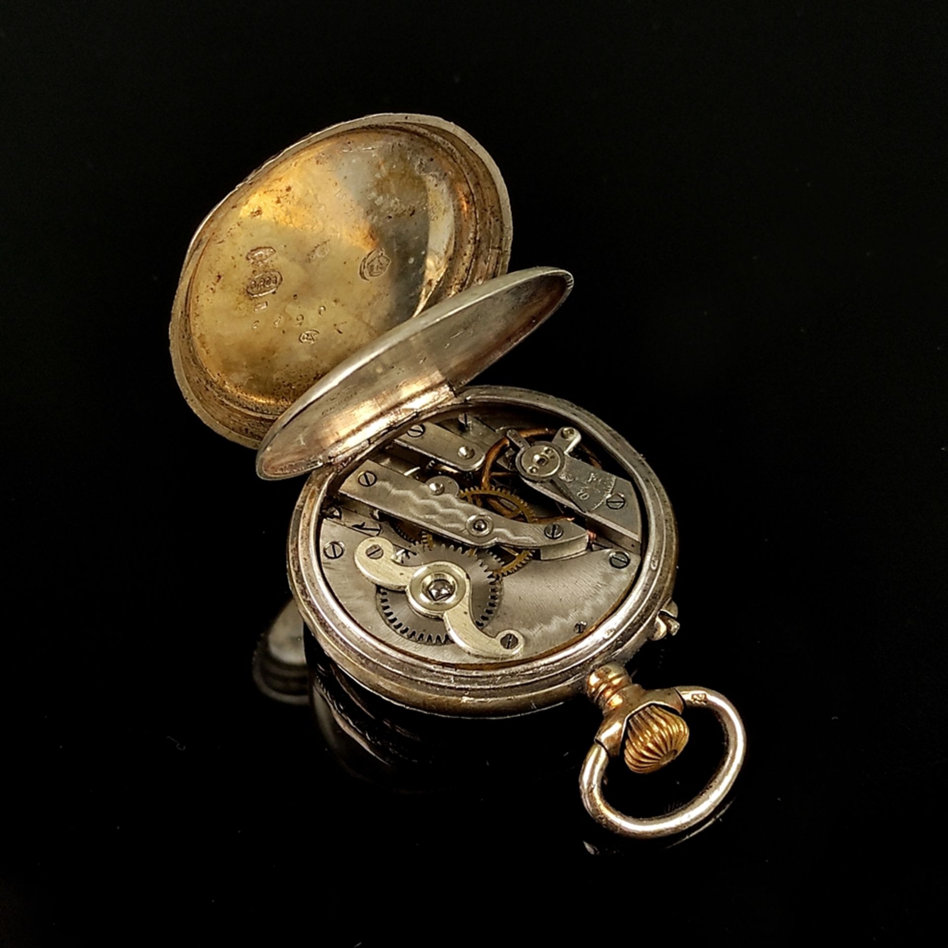 Taschenuhr, 19. Jahrhundert, Silber 800, Gesamtgewicht 25,71g, Handaufzug, läuft an, rundes, weißes - Bild 3 aus 4