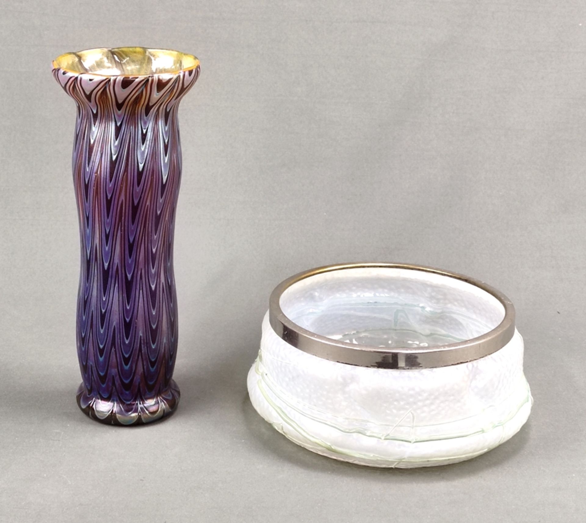 Two glass objects, consisting of a bowl with silver plated rim, height 9.5cm and diameter 20cm, and