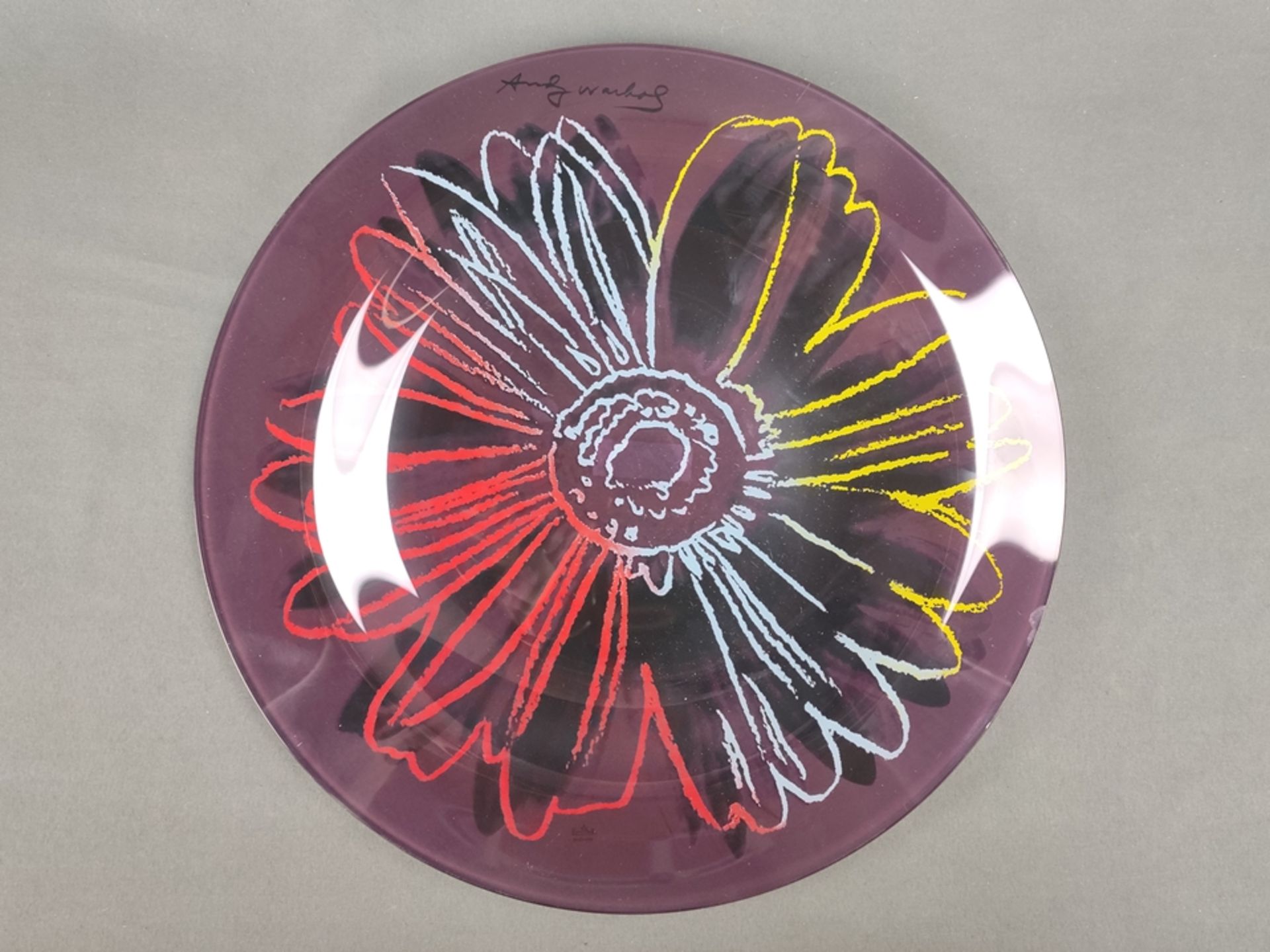 Rosenthal artist's plate by Andy Warhol, "Daisies" series, glass decorative plate with polychrome p