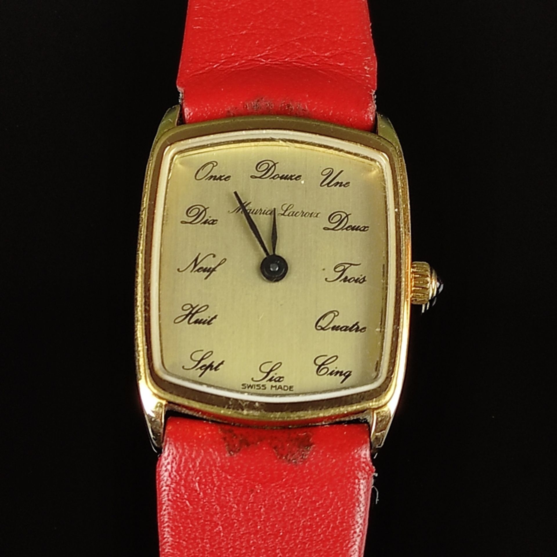 Ausgefallene Armbanduhr Maurice Lacroix, Schweiz, vergoldetes Ziffernblatt mit französischen ausges - Bild 3 aus 4