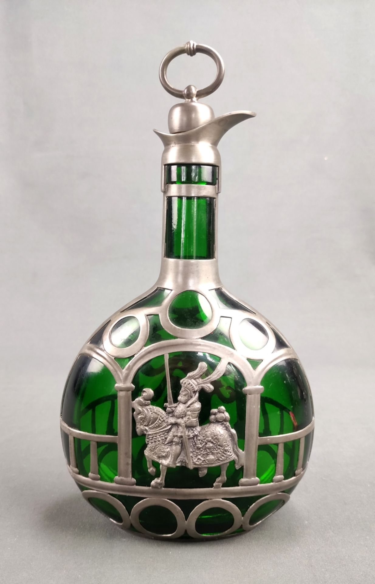 Bottle with decorative pewter frame, green glass, with cork stopper, on one side decorated with kni - Image 2 of 3