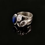 Designer Ring, Silber 925, 13g, handgeschmiedeter Ring mit Lapislazuli- Navette und aufgesetzten st
