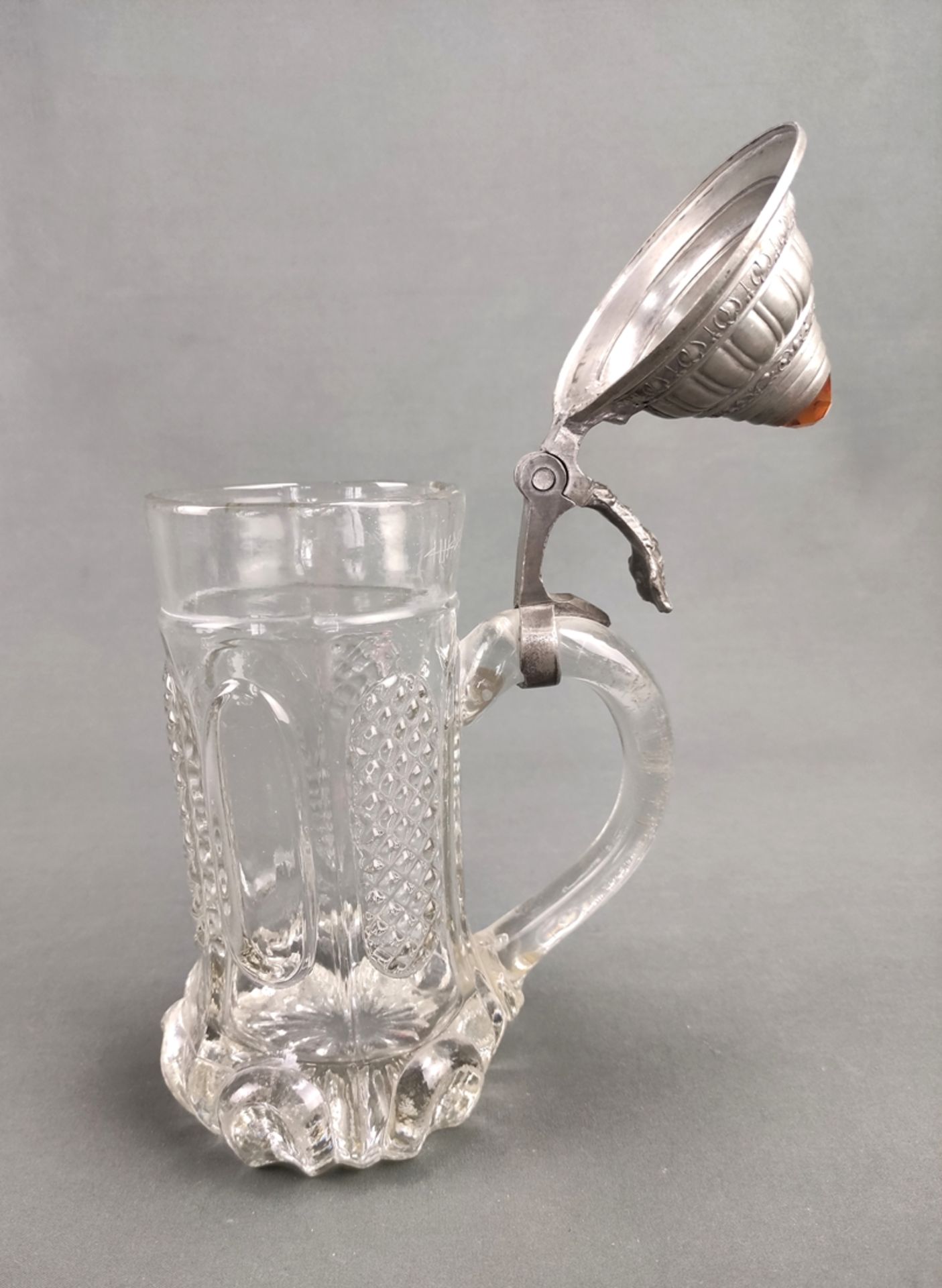 Glass jug with pewter mount, ornamental cut, stepped decorated pewter lid with cut gemstone, lid en - Image 2 of 3