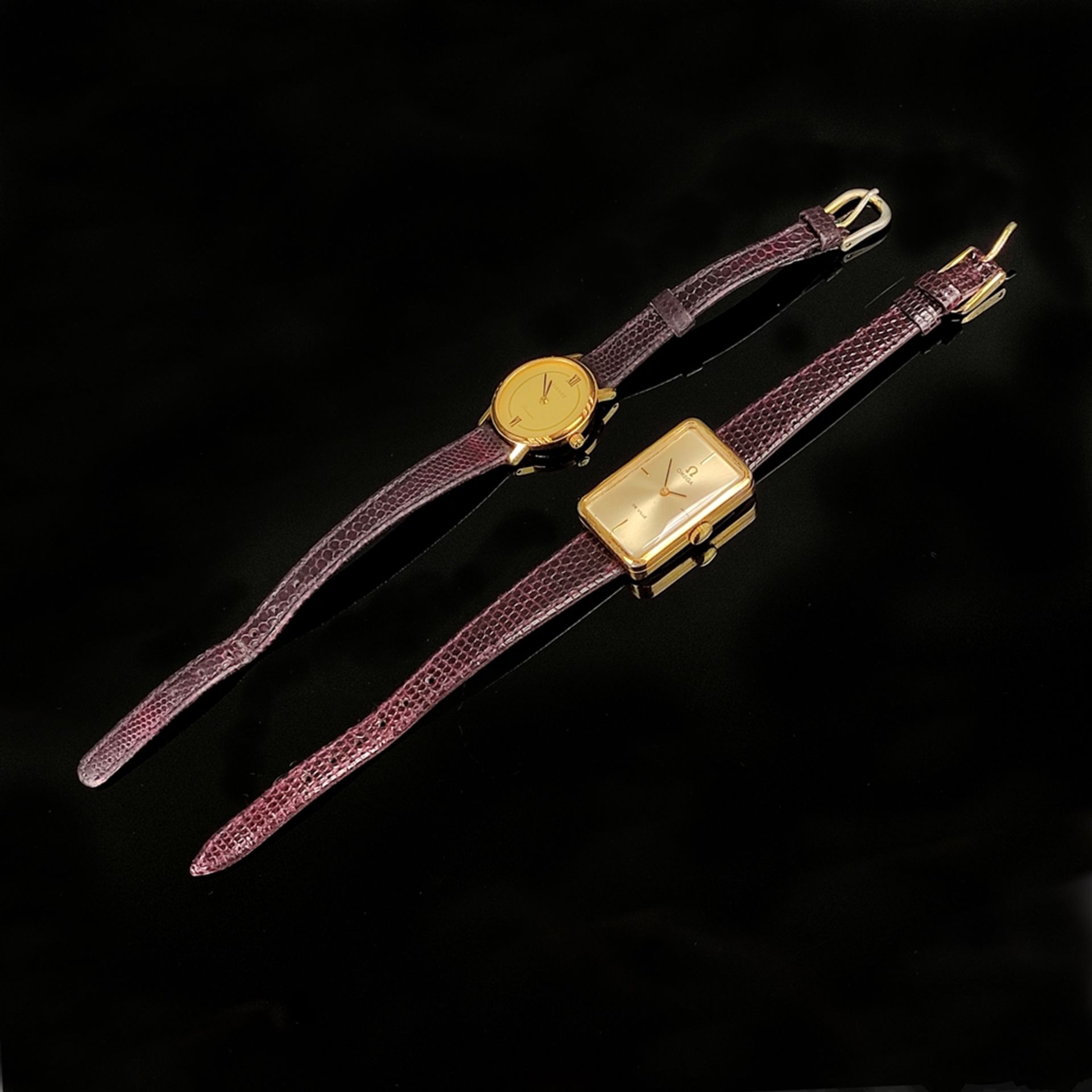 Zwei Damenarmbanduhren, bestehend aus Omega De Ville, rechteckiges Gehäuse mit abgerundeten Ecken,  - Bild 2 aus 3