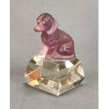 Small dachshund sculpture, on base, violet glass with glued-in rhinestone eyes, height 10cm