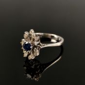 Saphir-Diamant-Ring, 585/14K Weißgold (punziert), 3,73g, Ring mit mittigem, rund geschliffenem Saph