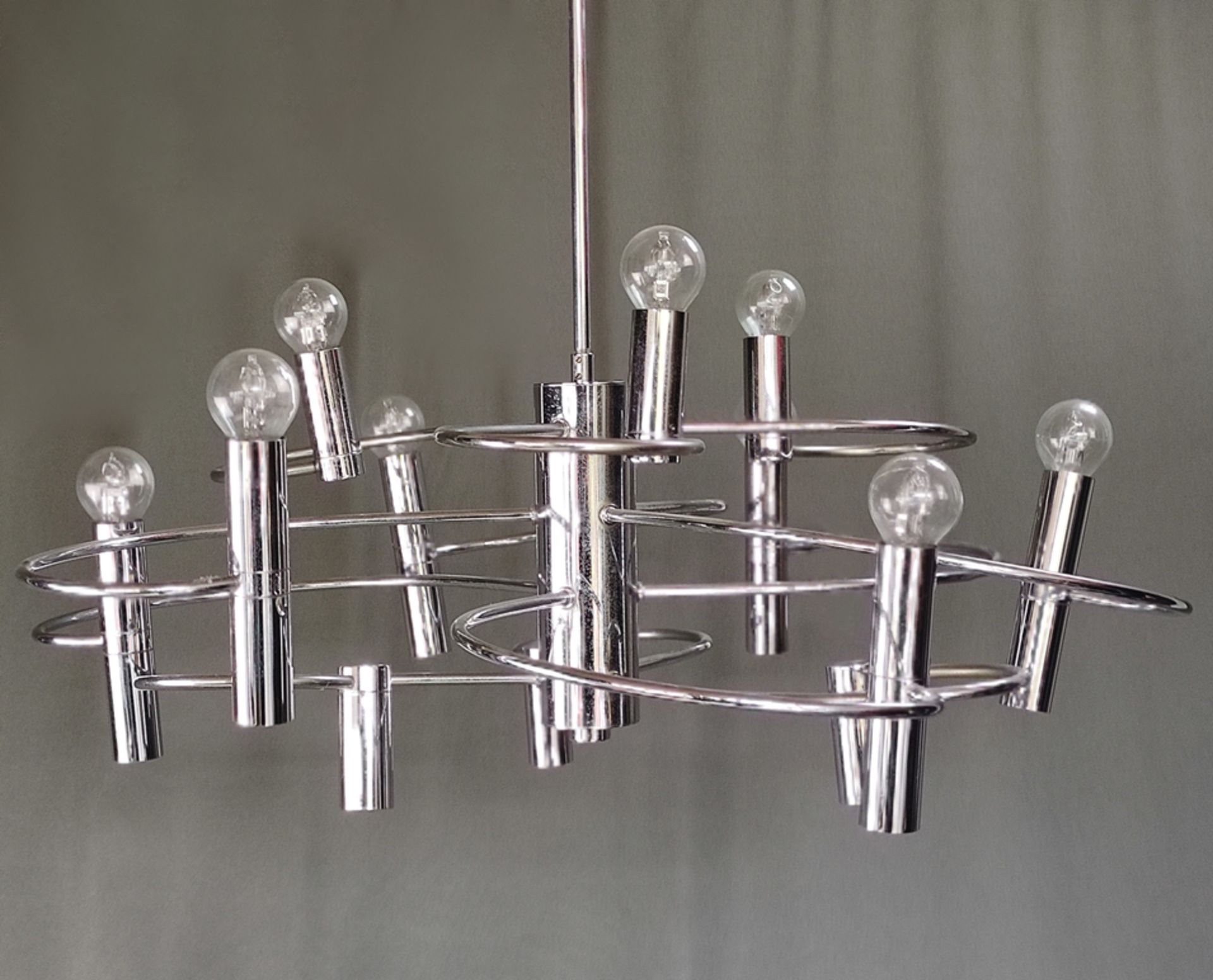 Vintage ceiling lamp, probably Helestra GmbH, 1970s, chrome-plated brass frame with central cylinde