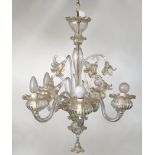 Ceiling chandelier, Murano, 20th century, five flames, balustrated shaft, inserted daffodils, clear