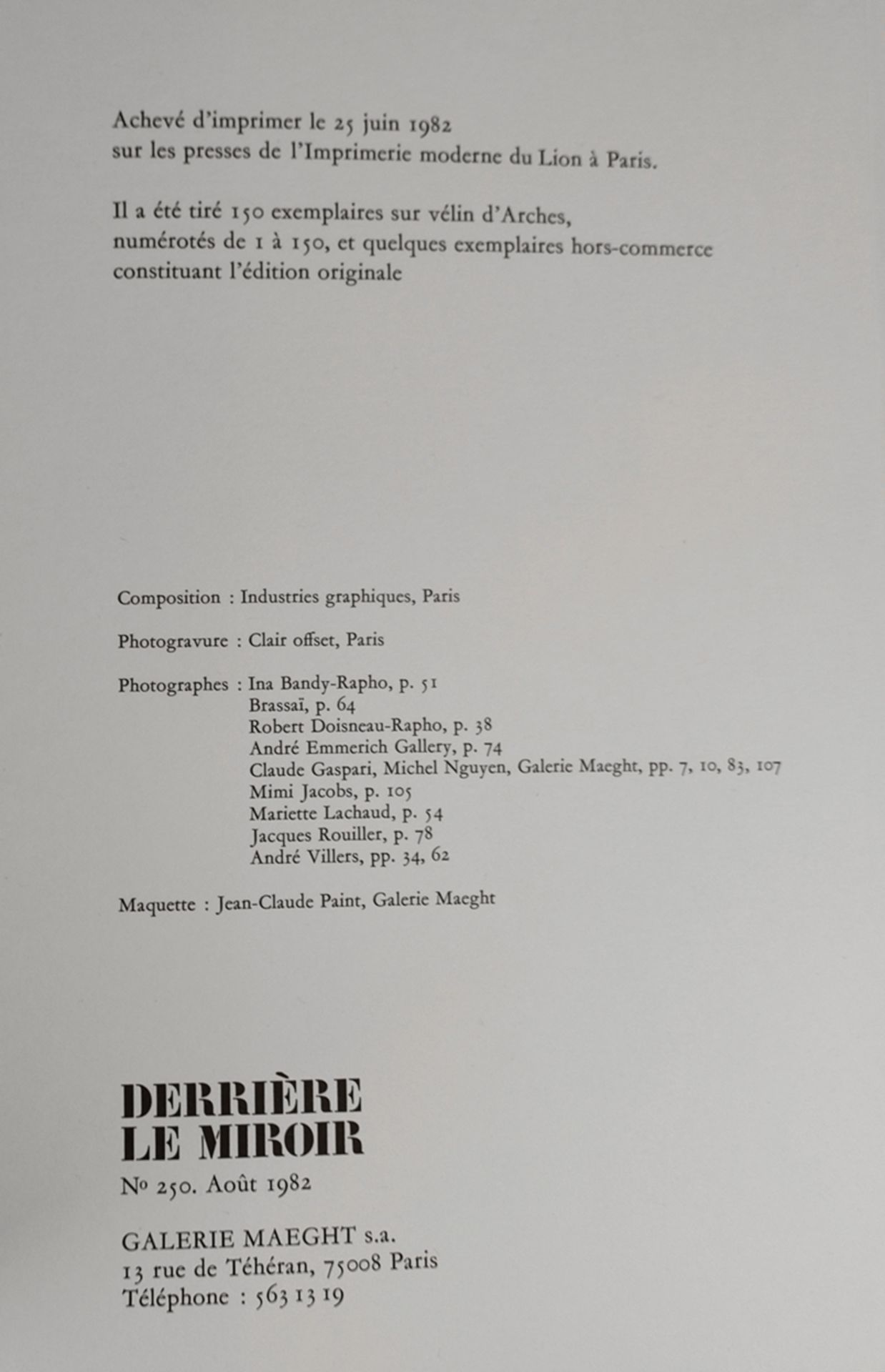 Derriere le Miroir "Hommage à Aimé et Marguerite Maeght", issue 250, Galerie Maeght, Paris, 1982, f - Image 2 of 5