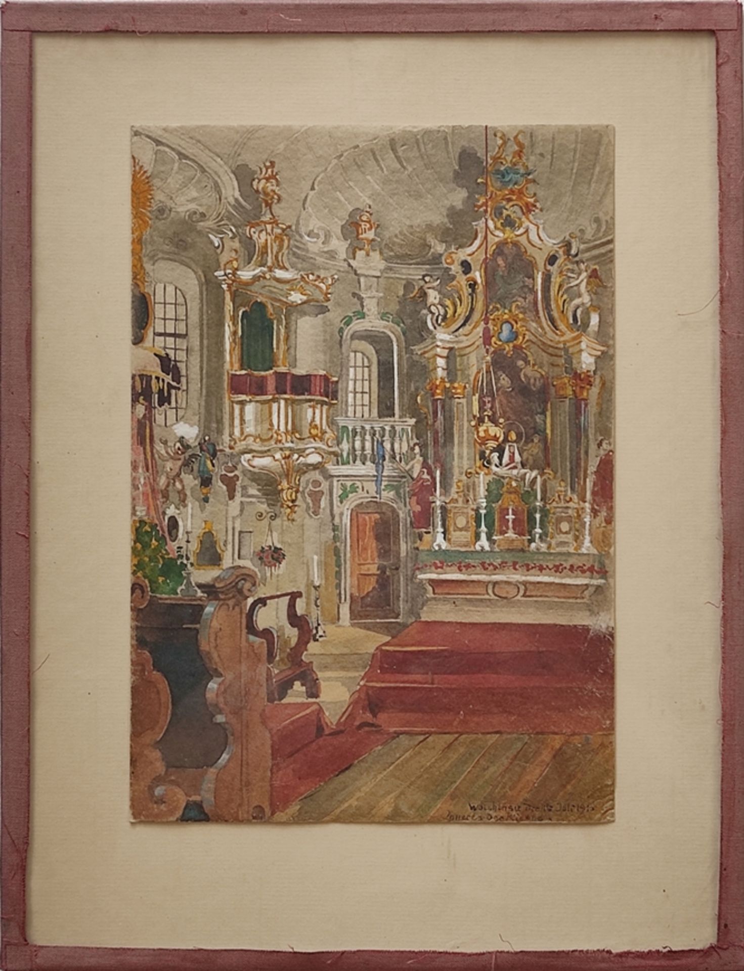 Watercolourist (early 20th century) "Church Interior", St. Jakob in Walchensee, watercolour on card - Image 2 of 3