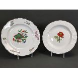 Two plates, Meissen sword mark, round wavy rim, one with relief decoration, polychrome floral paint