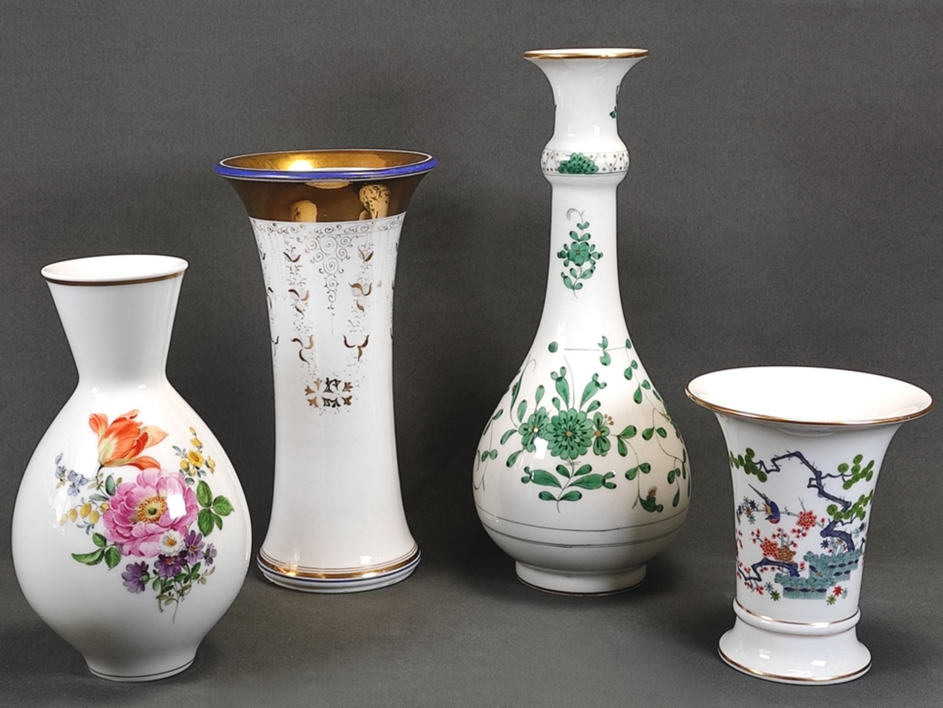 Four vases, Meissen sword mark, various decorations and shapes, bulbous vase with slender, high nec