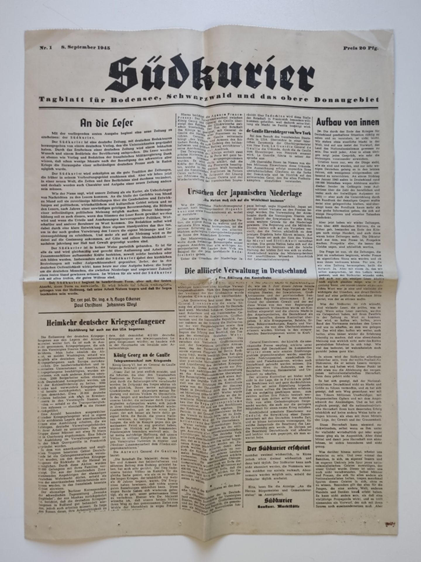 First issue of the Südkurier "Südkurier. Tagblatt für Bodensee, Schwarzwald und das obere Donaugebi