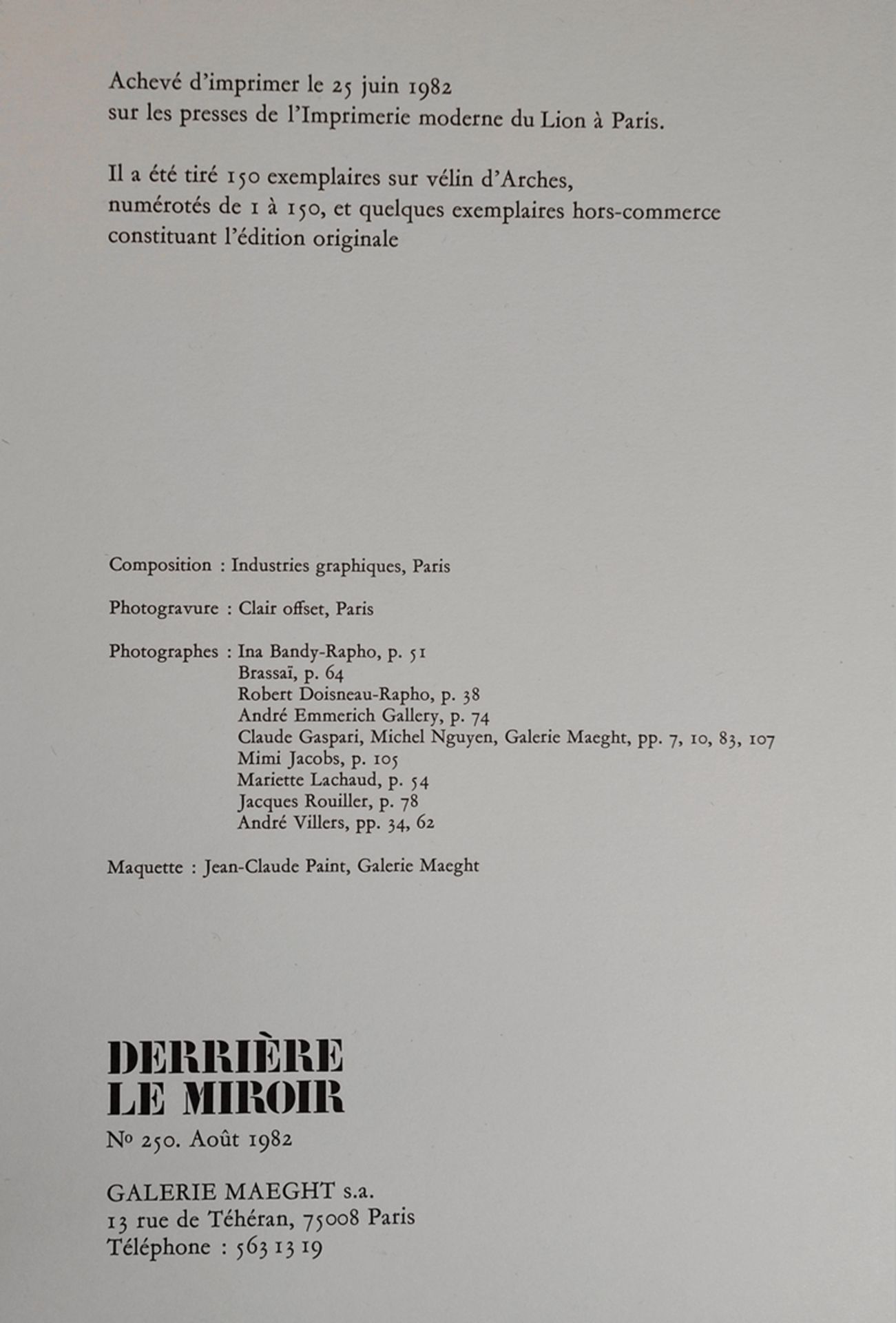 Derriere le Miroir "Hommage à Aimé et Marguerite Maeght", issue 250, Galerie Maeght, Paris, 1982, f - Image 2 of 5