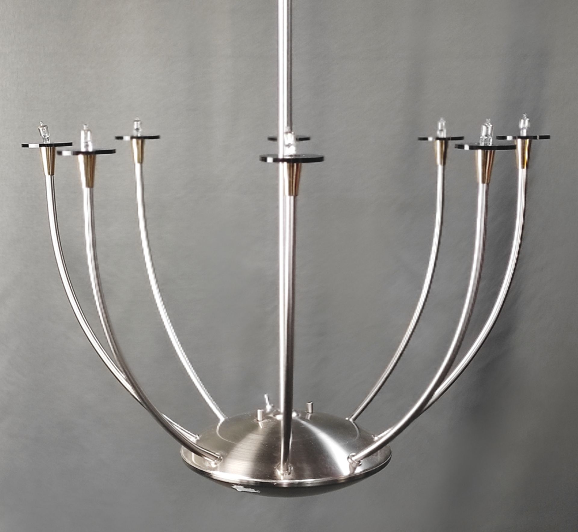 Design-Deckenlampe, Baulmann Leuchten, wohl 1970er Jahre, verchromtes Metallgestell, neun Arme mit