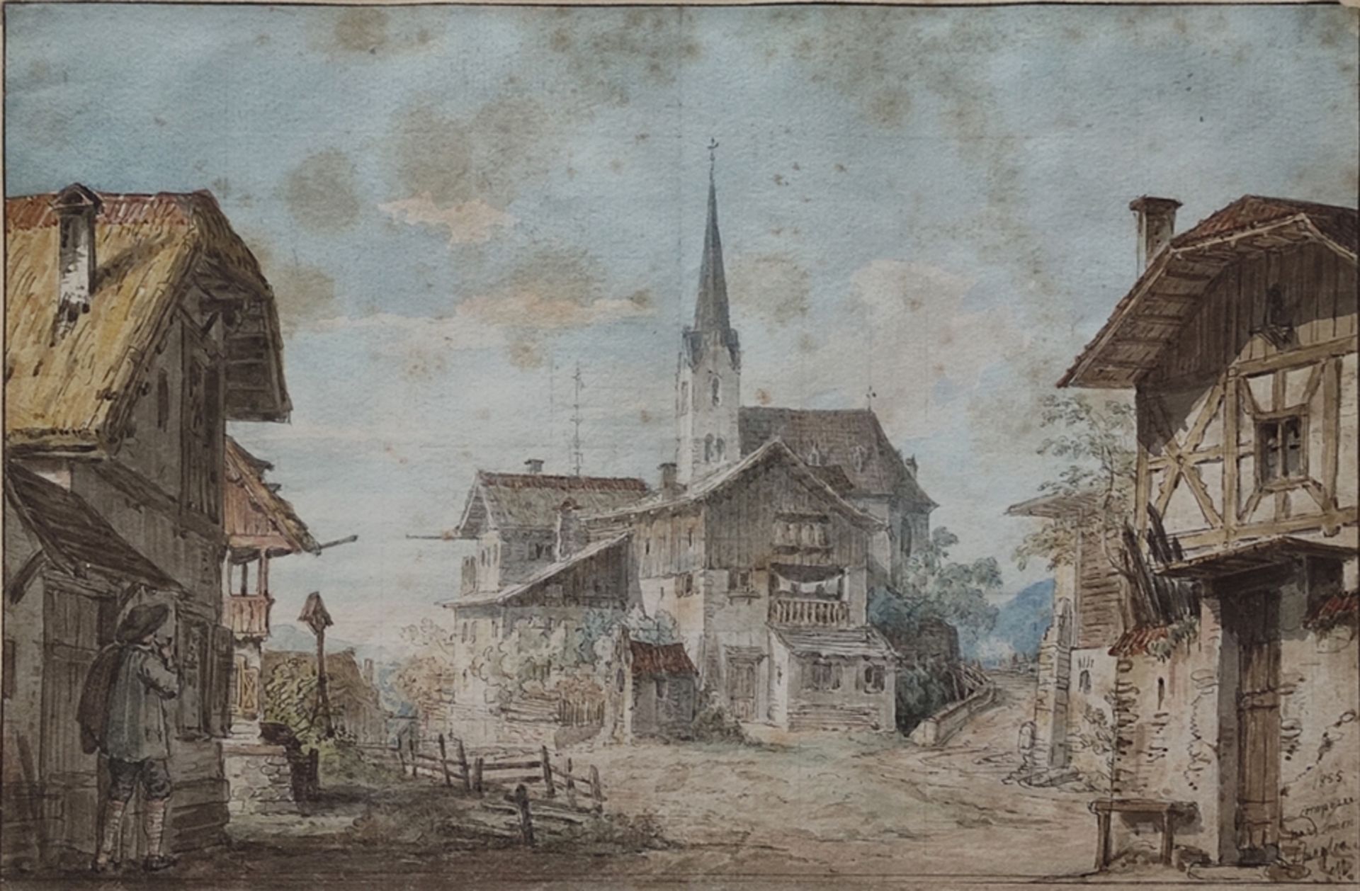 Quaglio, Simon (1795 - 1878 Munich) "Bergdorf", idyllic alpine village view with single back figure