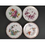 Four wall plates, Meissen sword mark, 1st and 4th choice, various polychrome decorations: Indian fl