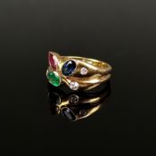 Ausgefallener Vintage Ring, 750/18K Gelbgold (punziert), 7,81g, besetzt mit Rubin, Saphir, Smaragd