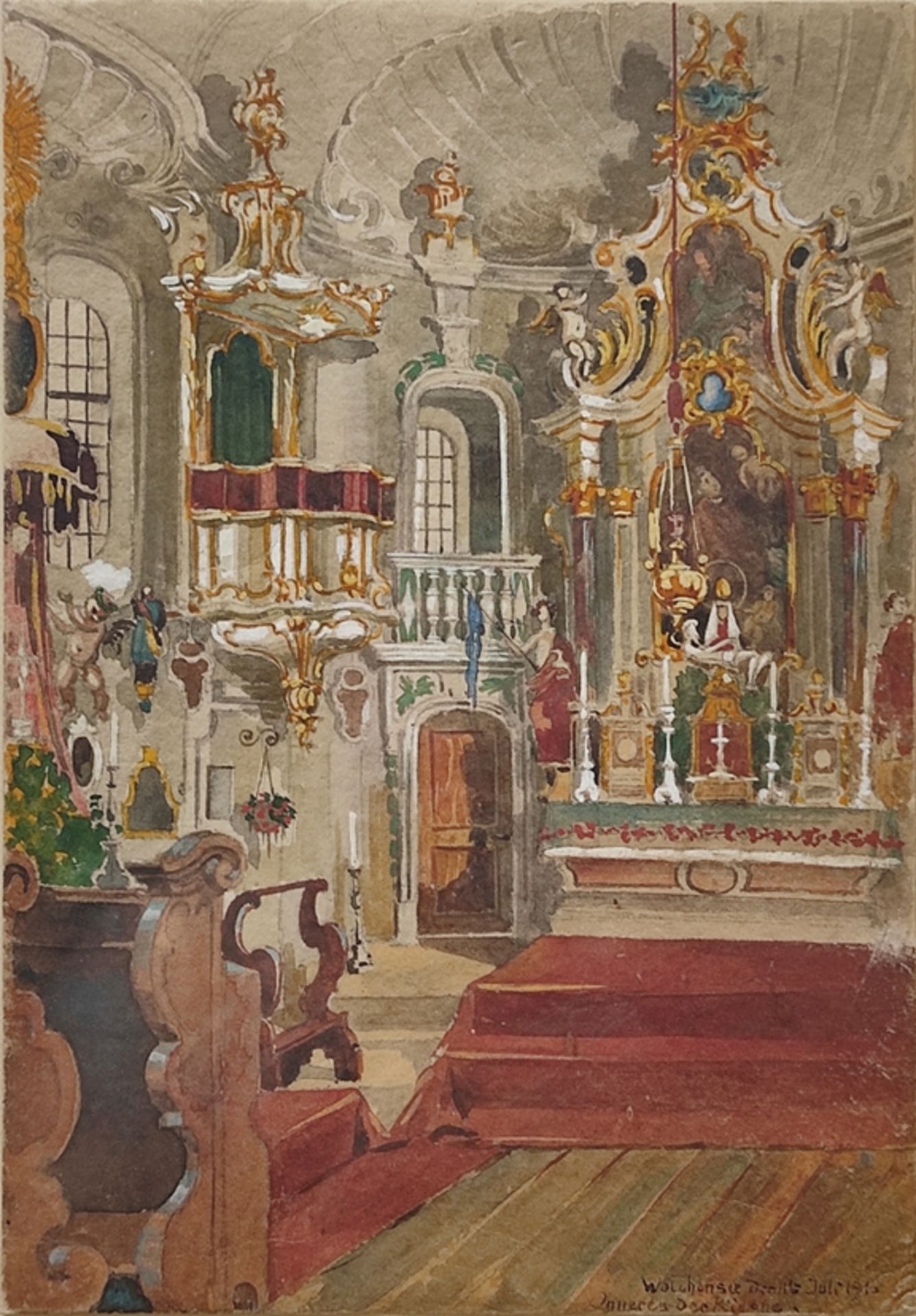 Watercolourist (early 20th century) "Church Interior", St. Jakob in Walchensee, watercolour on card