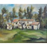 Bechir, Charles (1949) "Landhaus", im Hintergrund Hügel, Öl auf Leinwand, rechts unten