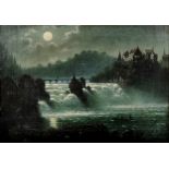 19th century artist "Rhine Falls at Full Moon", atmospheric and detailed depiction in the moonlight