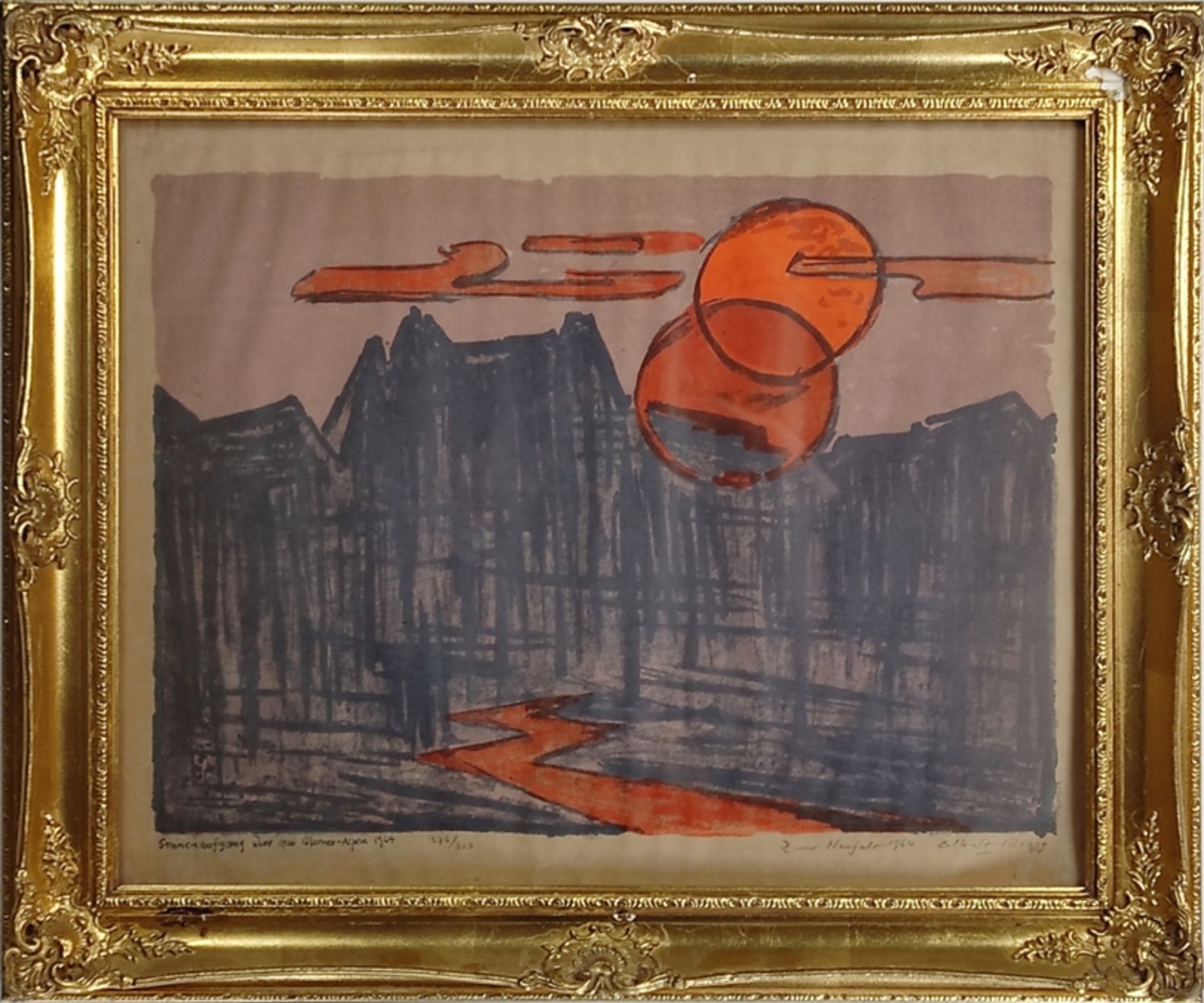 Rüegg, Albert (1902 Zürich - 1986 Zürich) "Sonnenaufgang über den Glarner Alpen", Farblithographie, - Bild 2 aus 4
