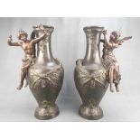 Pair of large amphora vases, bronze, Auguste Moreau, richly decorated with botanical garlands and t