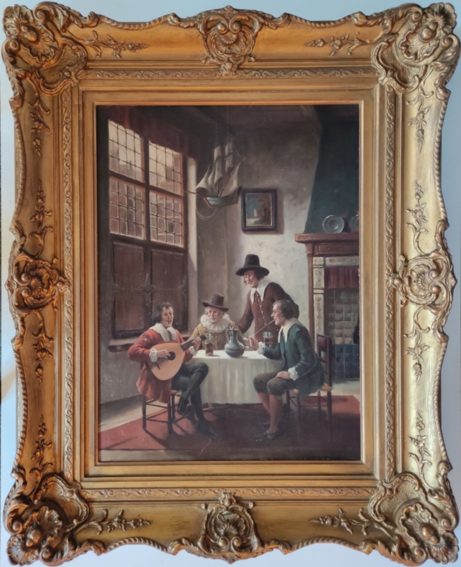Leaves, Bruno (1870-?) "Interior scene" with a circle of gentlemen, in Baroque style, four men drin - Image 2 of 5
