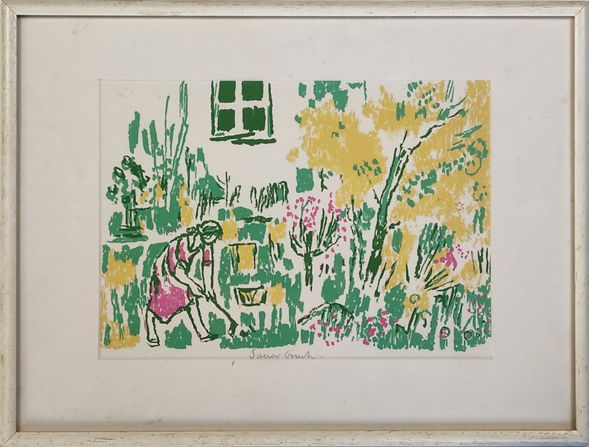 Sauerbruch, Hans (1910 Marburg - 1996 Konstanz) „Blick in einen Garten“, mit Frau, Farbserigrafie,  - Bild 2 aus 3