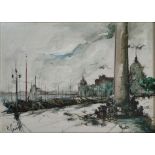 Merelli, Robert (1936 Venice) "Entrata Canal Grande Venice", view of boats on the jetty, a column o