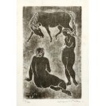 Müller, Werner Jakob (1899 Winterthur - 1986 Ascona) "Zwei Aktfiguren und ein Pferd", Holzschnitt, 
