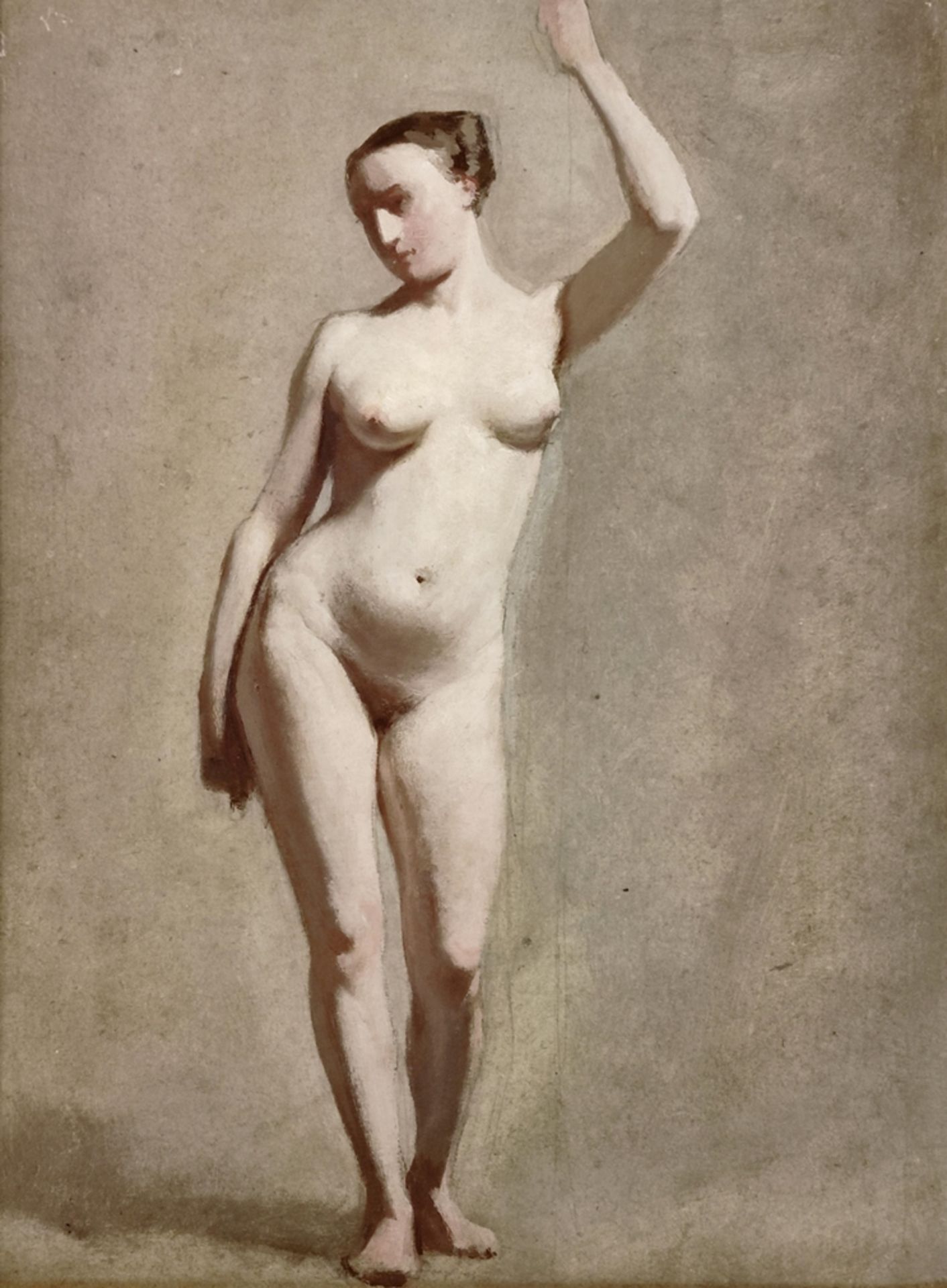 Herbert, Jules (1812 - 1897 Geneva) "Standing female nude", oil on cardboard, labelled in French on