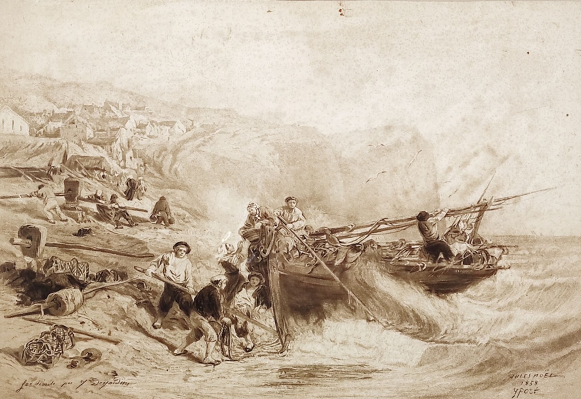 Noel, Jules Achille (1810 Nancy - 1881 Mustapha/Algier) "Stürmische Landung in Yport/Normandie", Aq