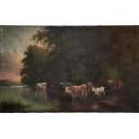 Parker, W. (19th century) "Cows at the Water", on the right the maid, wide woodland area and on the