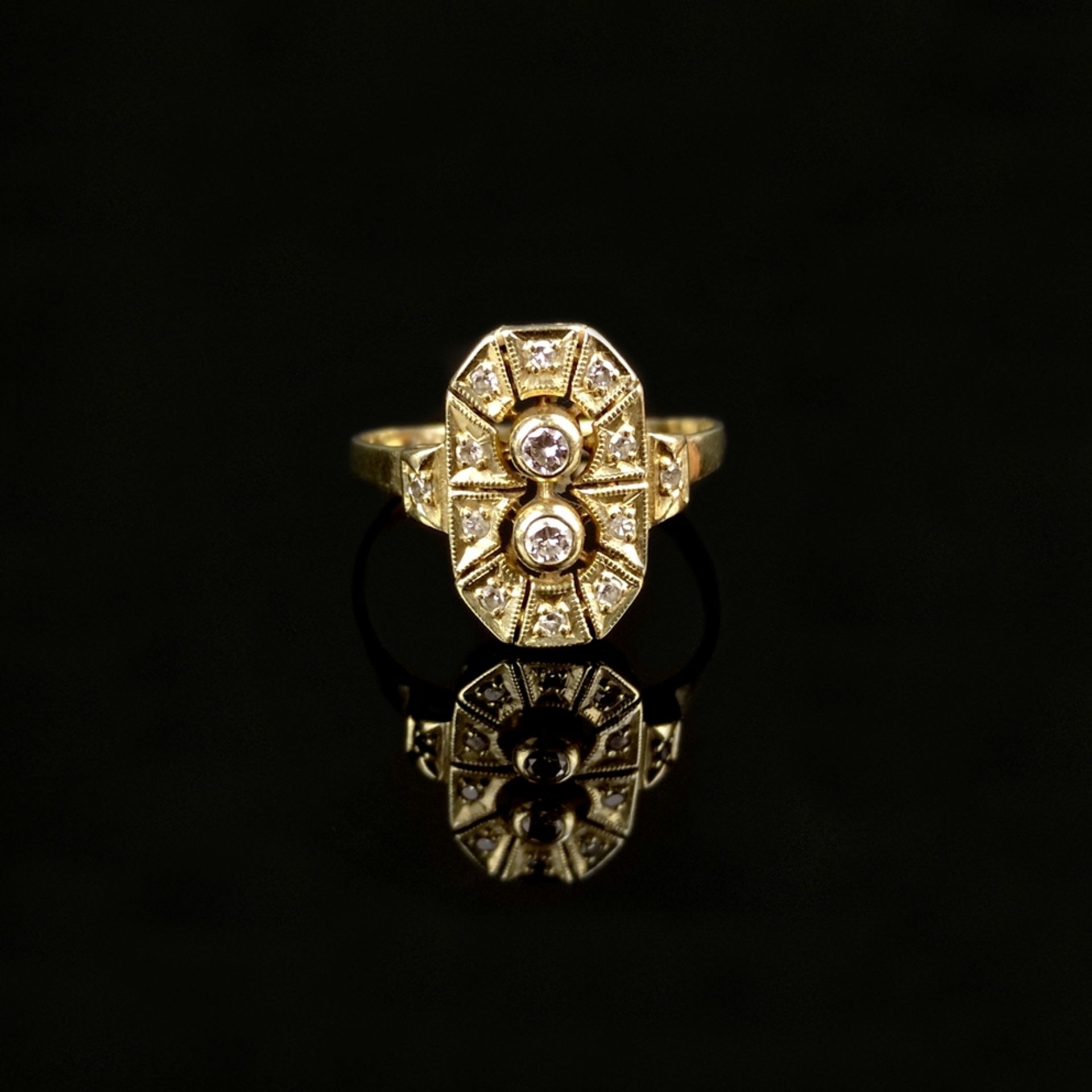 Art Deco Ring, 585/14K Gelbgold (punziert), 3g, oktagonaler, durchbrochen gearbeiteter Ringkopf mit - Bild 2 aus 3