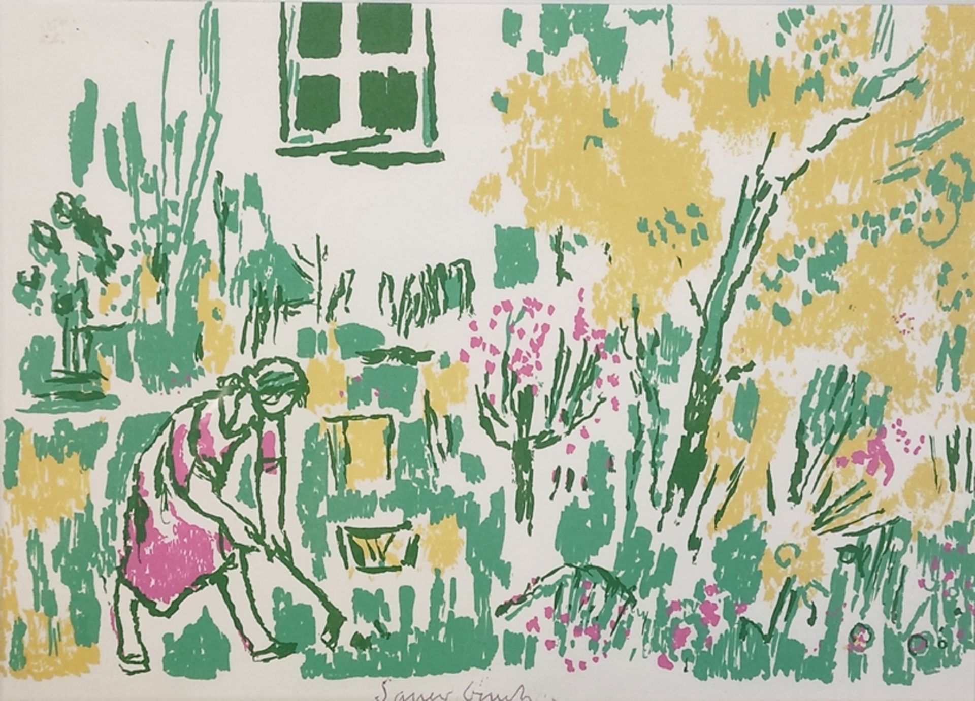 Sauerbruch, Hans (1910 Marburg - 1996 Konstanz) „Blick in einen Garten“, mit Frau, Farbserigrafie, 
