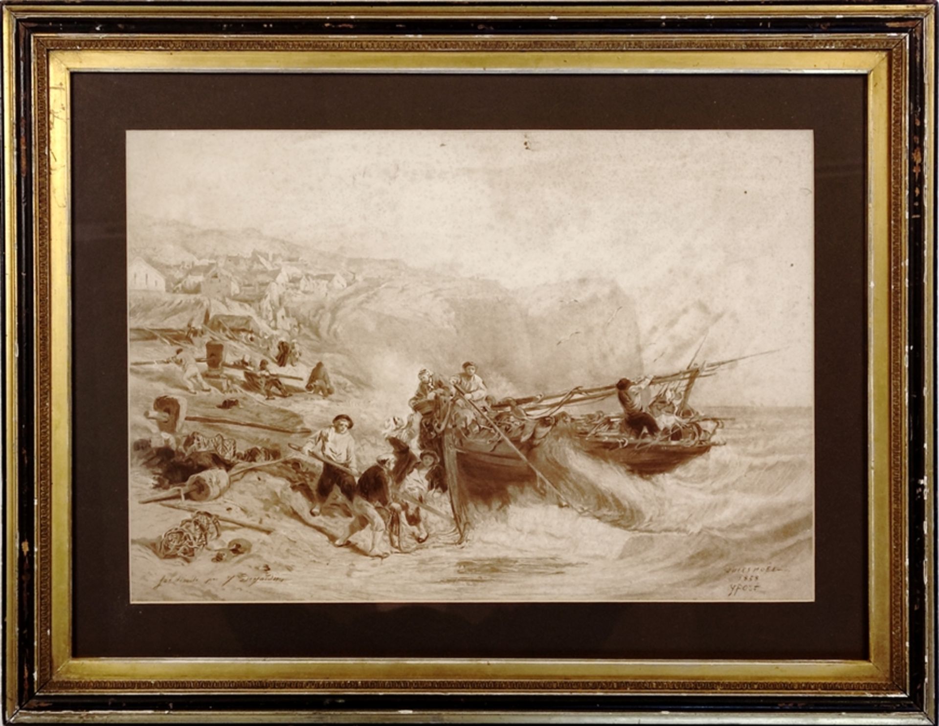 Noel, Jules Achille (1810 Nancy - 1881 Mustapha/Algier) "Stürmische Landung in Yport/Normandie", Aq - Bild 2 aus 3