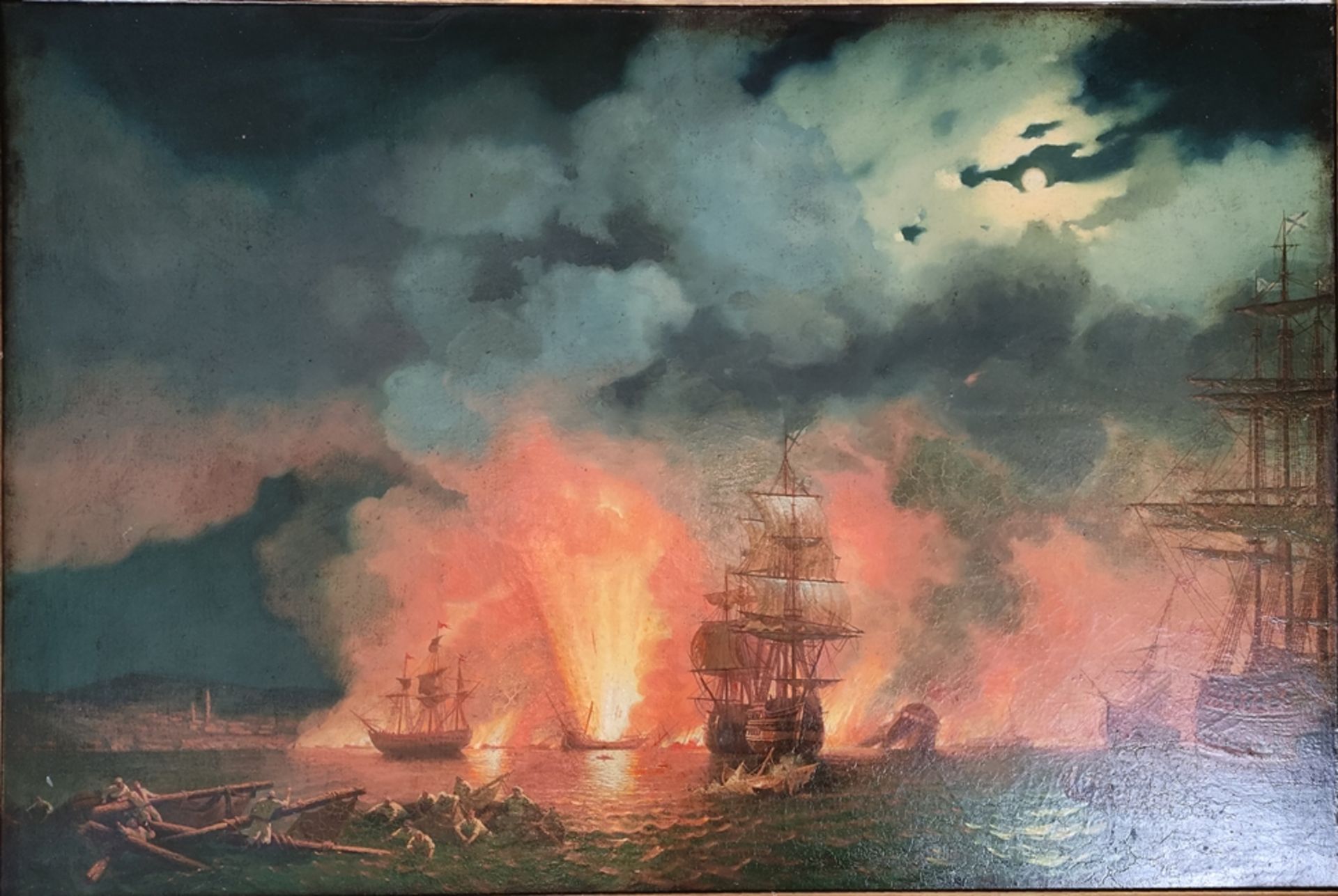 Krawzow (19th century) "Sea Battle", school of Ivan Aivazovsky, sea battle scene at night with seve