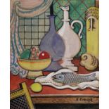 Erbach, Alois (1888 - 1972 Wiesbaden) "Still Life with Fish", gouache on paper, signed lower right,