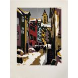 Lange, Sigurd (1904 - 2000 Pfullendorf) "Meersburg, Kirchgasse", Farbholzschnitt, 3 Stück, 39x30cm 