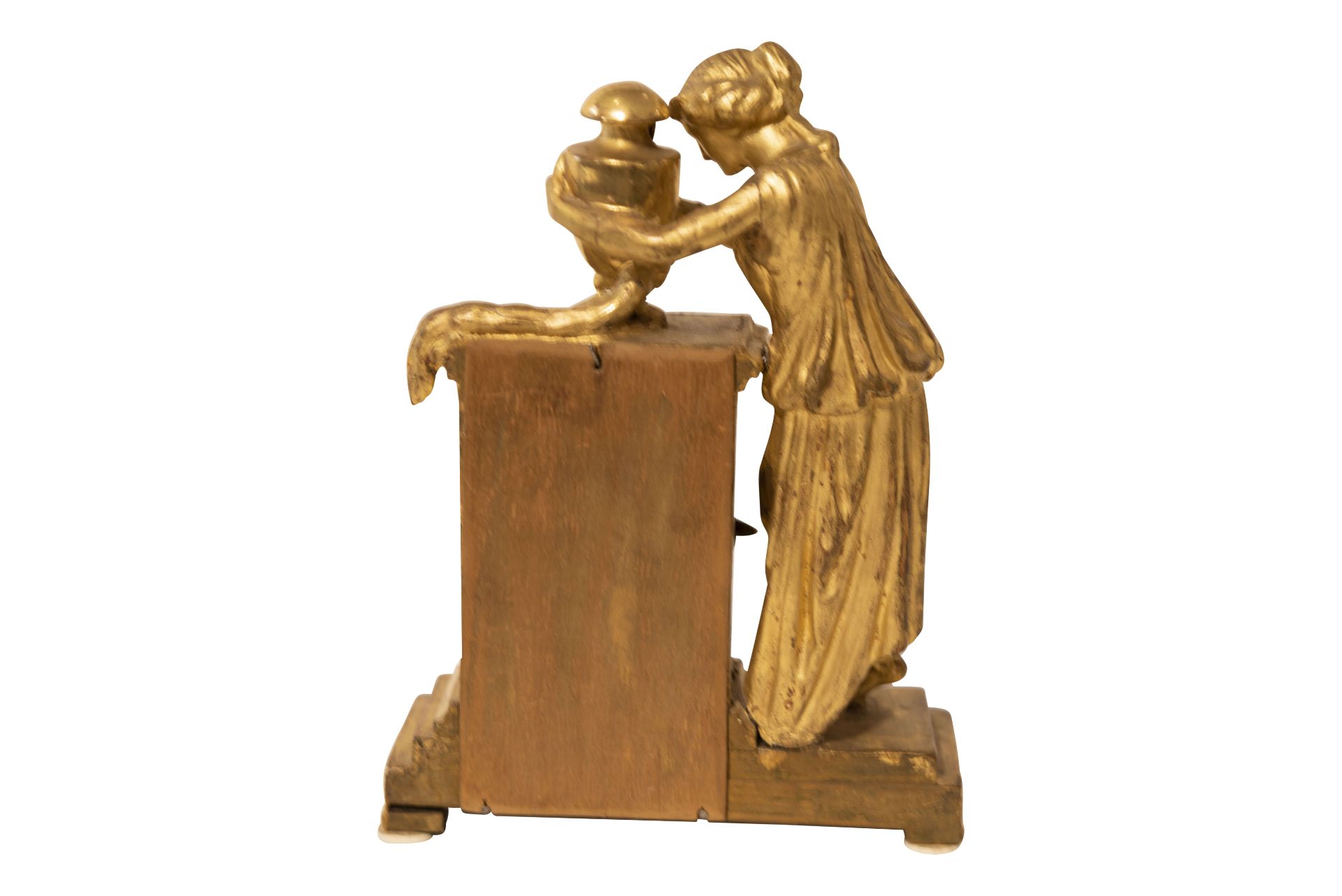 Gold bemalte Standuhr aus Holz mit Sockel und Figur mit Pokal  | Gold Painted Wooden Grandfather Clo - Bild 4 aus 5