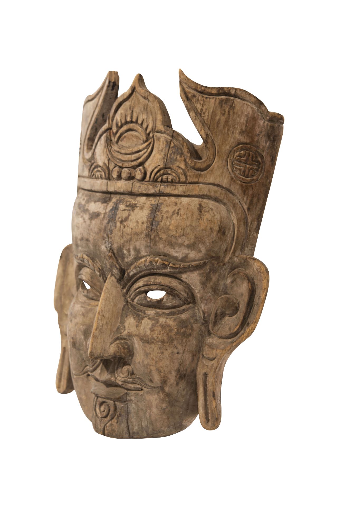 Geschnitzte Holzmaske mit Rissen Buddha | Buddha, Carved Wooden Mask with Cracks - Image 3 of 5